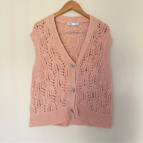 ZARA Jewel button knit vest cardigan sweater pink Sz S - Picture 9 of 13